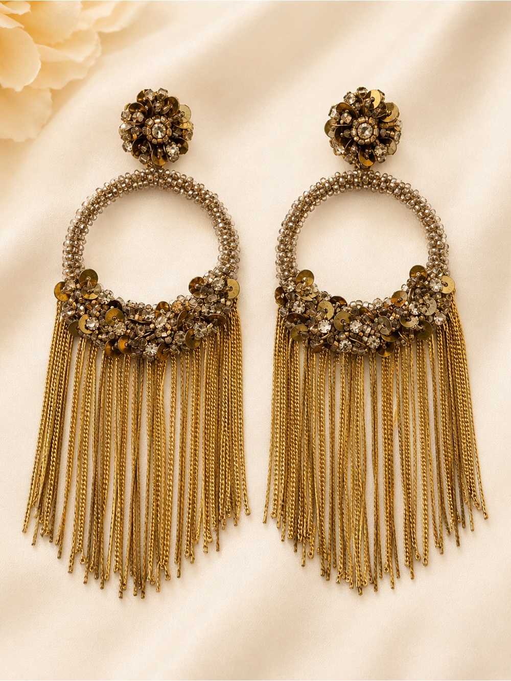 Deepa Gurnani Rare Gold Beaded Chain Fringe Statement Chandelier Earrings